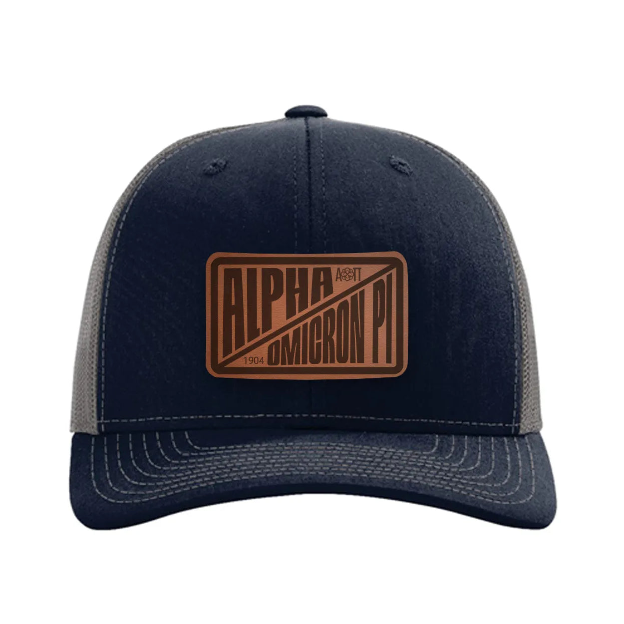 Alpha Omicron Pi Richardson 112 Leatherette Patch Trucker Hat - Divide Navy Charcoal Trucker Hat