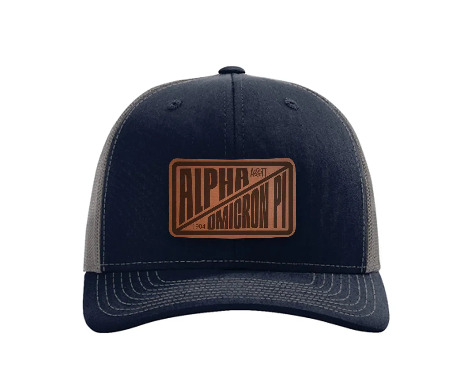 Alpha Omicron Pi Richardson 112 Leatherette Patch Trucker Hat - Divide Navy Charcoal Trucker Hat