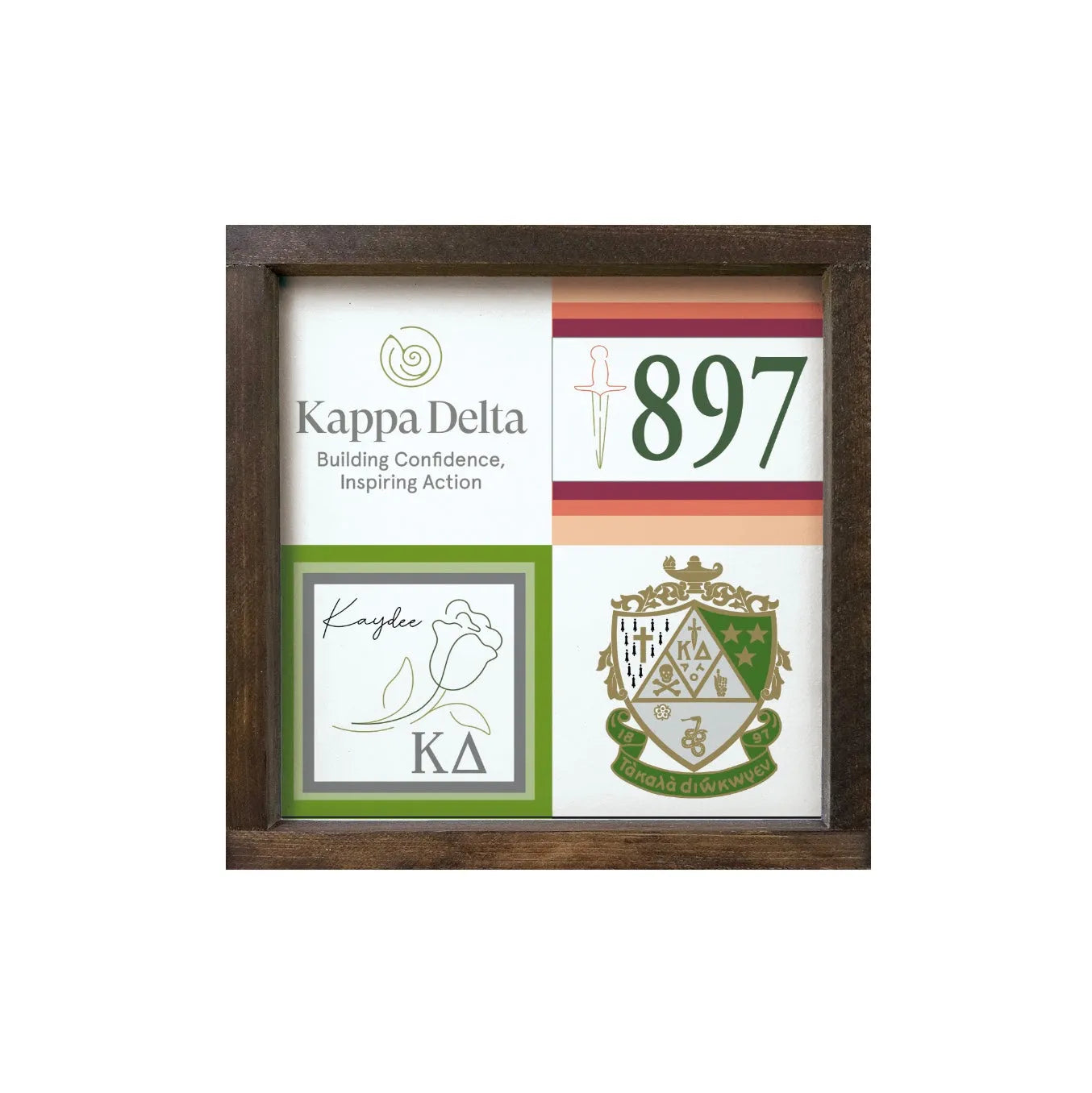 Kappa Delta 12x12 Wood Framed Sign - Classic Color Block Walnut Stain Wall Art & Signs