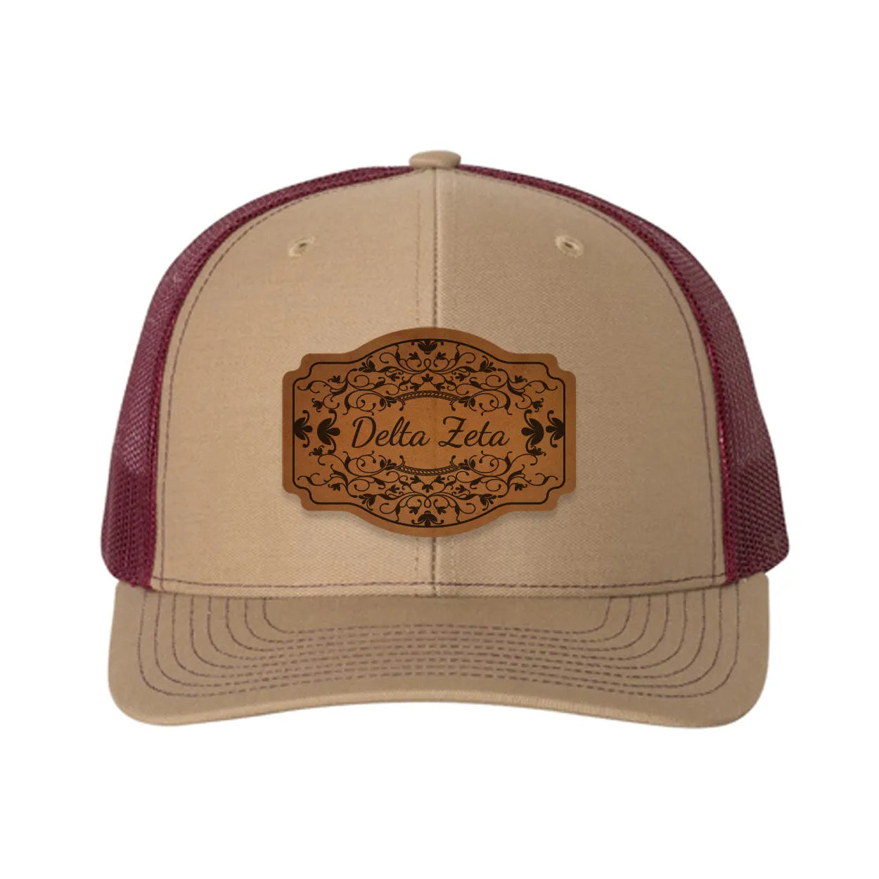 Delta Zeta Richardson 112 Leatherette Patch Trucker Hat - Scroll Khaki Burgundy Trucker Hat