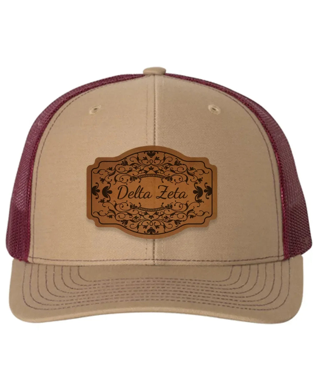 Delta Zeta Richardson 112 Leatherette Patch Trucker Hat - Scroll Khaki Burgundy Trucker Hat