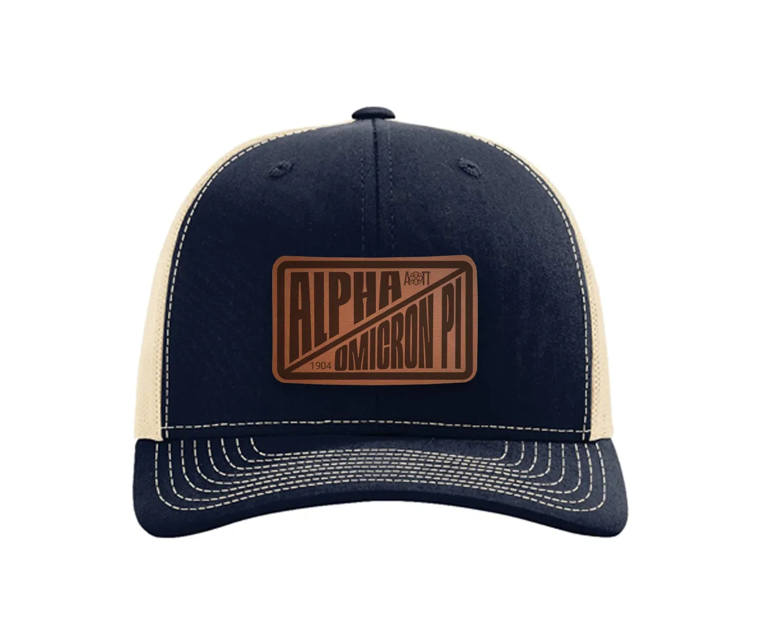 Alpha Omicron Pi Richardson 112 Leatherette Patch Trucker Hat - Divide Navy Khaki Trucker Hat