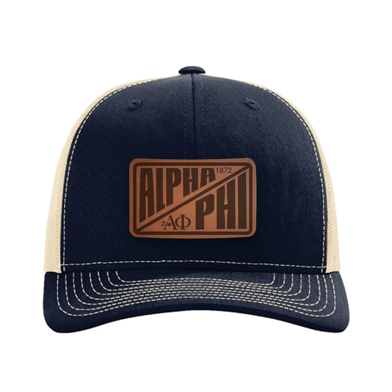 Alpha Phi Richardson 112 Leatherette Patch Trucker Hat - Divide Navy Khaki Trucker Hat
