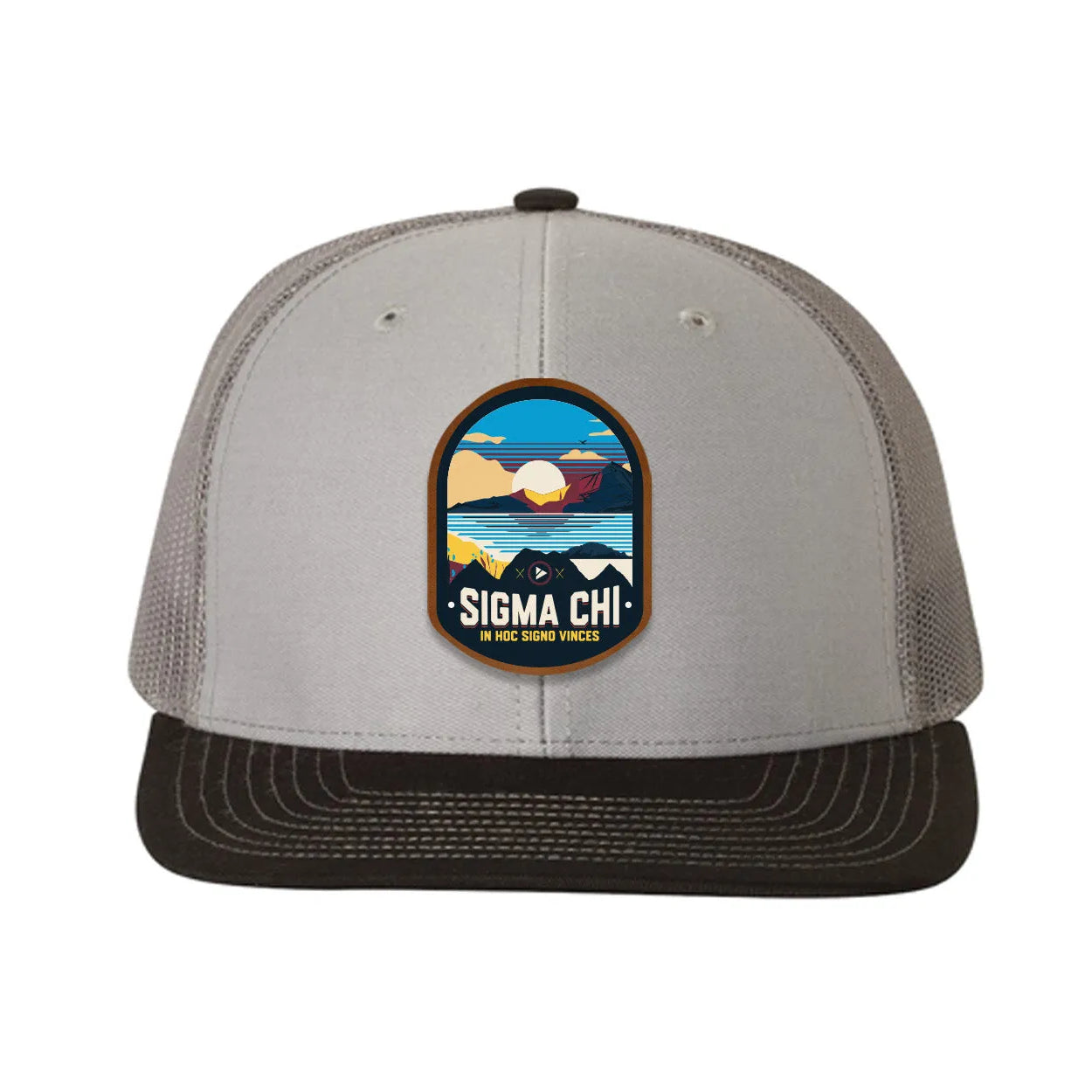 Sigma Chi Richardson 112 UV Print Leatherette Patch Trucker Hat - Ventura Gray Charcoal Black Trucker Hat
