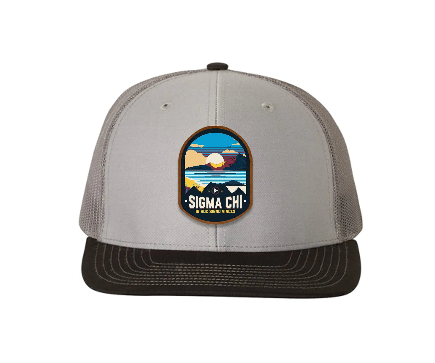 Sigma Chi Richardson 112 UV Print Leatherette Patch Trucker Hat - Ventura Gray Charcoal Black Trucker Hat