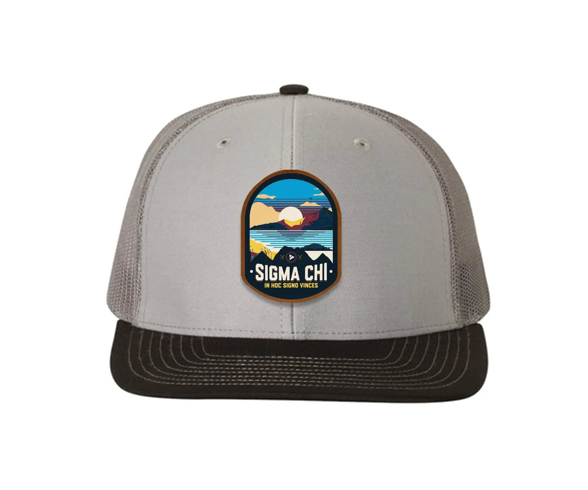 Sigma Chi Richardson 112 UV Print Leatherette Patch Trucker Hat - Ventura Gray Charcoal Black Trucker Hat