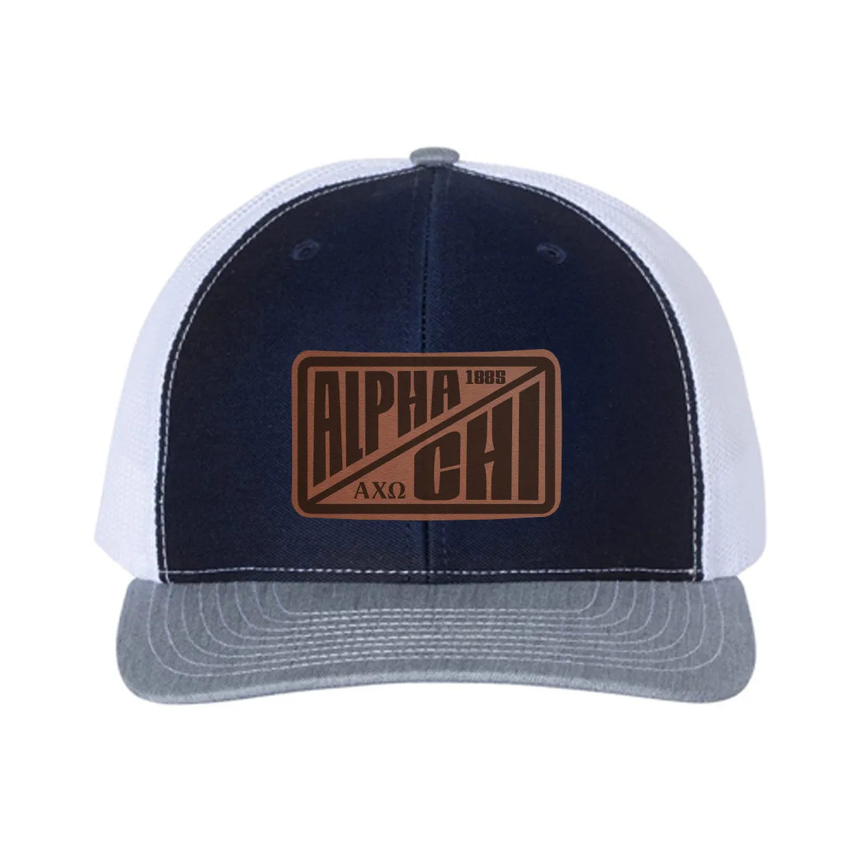 Alpha Chi Omega Richardson 112 Leatherette Patch Trucker Hat - Divide Navy White Heather Cray Trucker Hat
