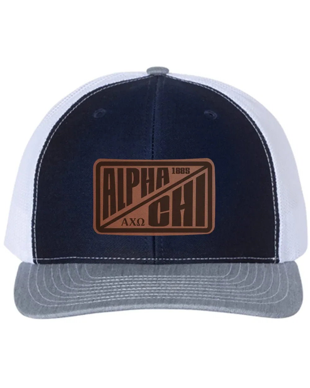 Alpha Chi Omega Richardson 112 Leatherette Patch Trucker Hat - Divide Navy White Heather Cray Trucker Hat