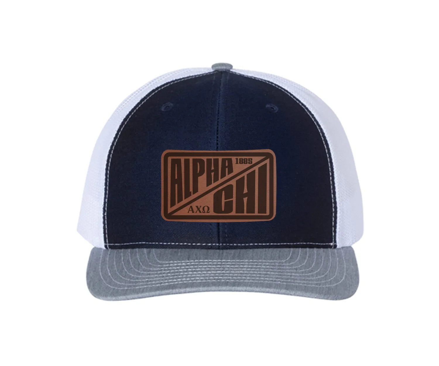 Alpha Chi Omega Richardson 112 Leatherette Patch Trucker Hat - Divide Navy White Heather Cray Trucker Hat