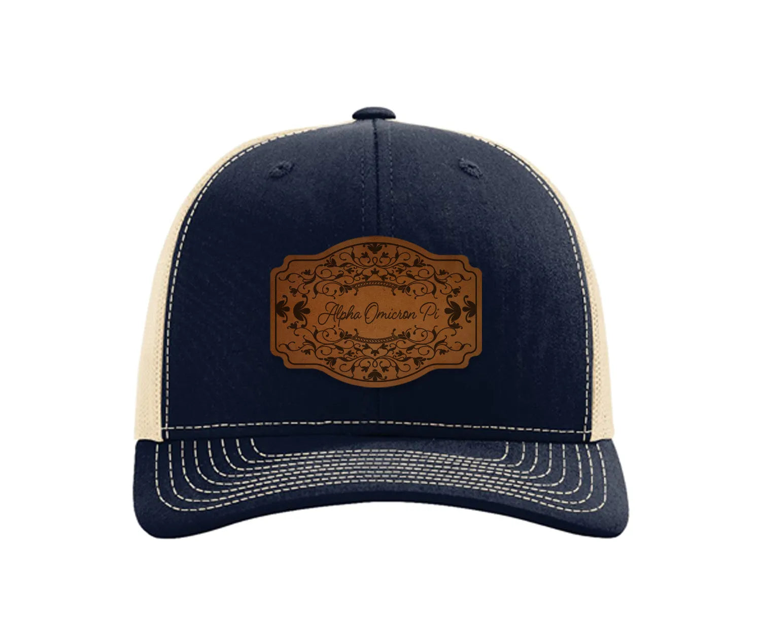 Alpha Omicron Pi Richardson 112 Leatherette Patch Trucker Hat - Scroll Navy Khaki Trucker Hat