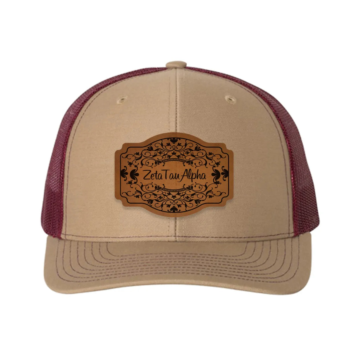 Zeta Tau Alpha Richardson 112 Leatherette Patch Trucker Hat - Scroll Khaki Burgundy Trucker Hat