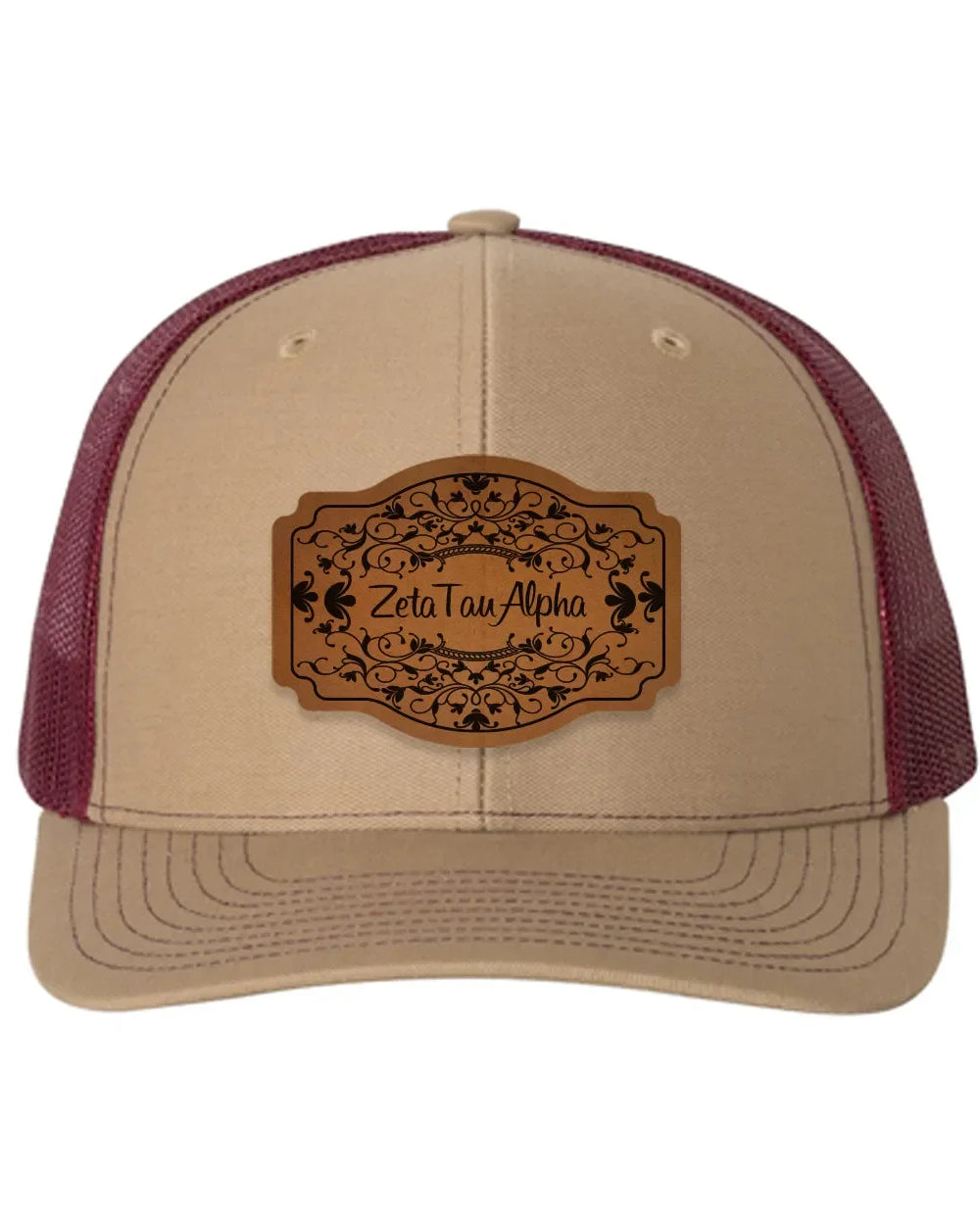 Zeta Tau Alpha Richardson 112 Leatherette Patch Trucker Hat - Scroll Khaki Burgundy Trucker Hat