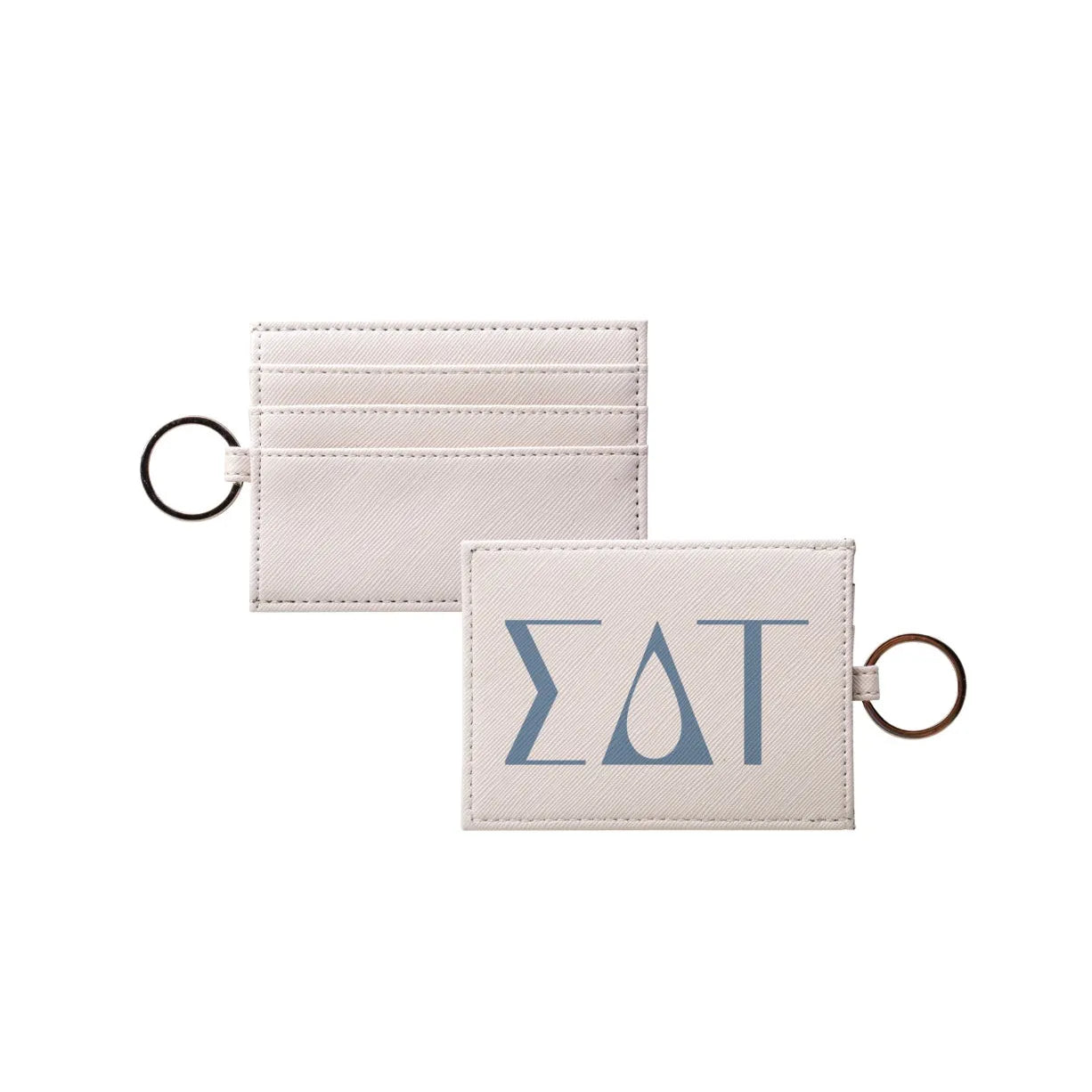 Sigma Delta Tau Vegan Saffiano Leather Keychain Card Holder - Greek Letters Droplet Blue Travel Wallet