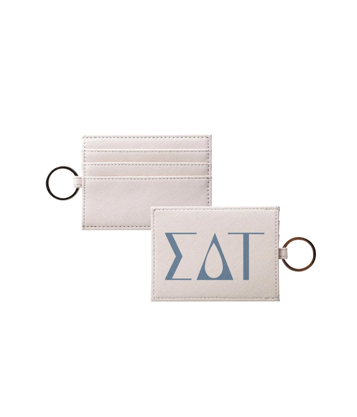 Sigma Delta Tau Vegan Saffiano Leather Keychain Card Holder - Greek Letters Droplet Blue Travel Wallet
