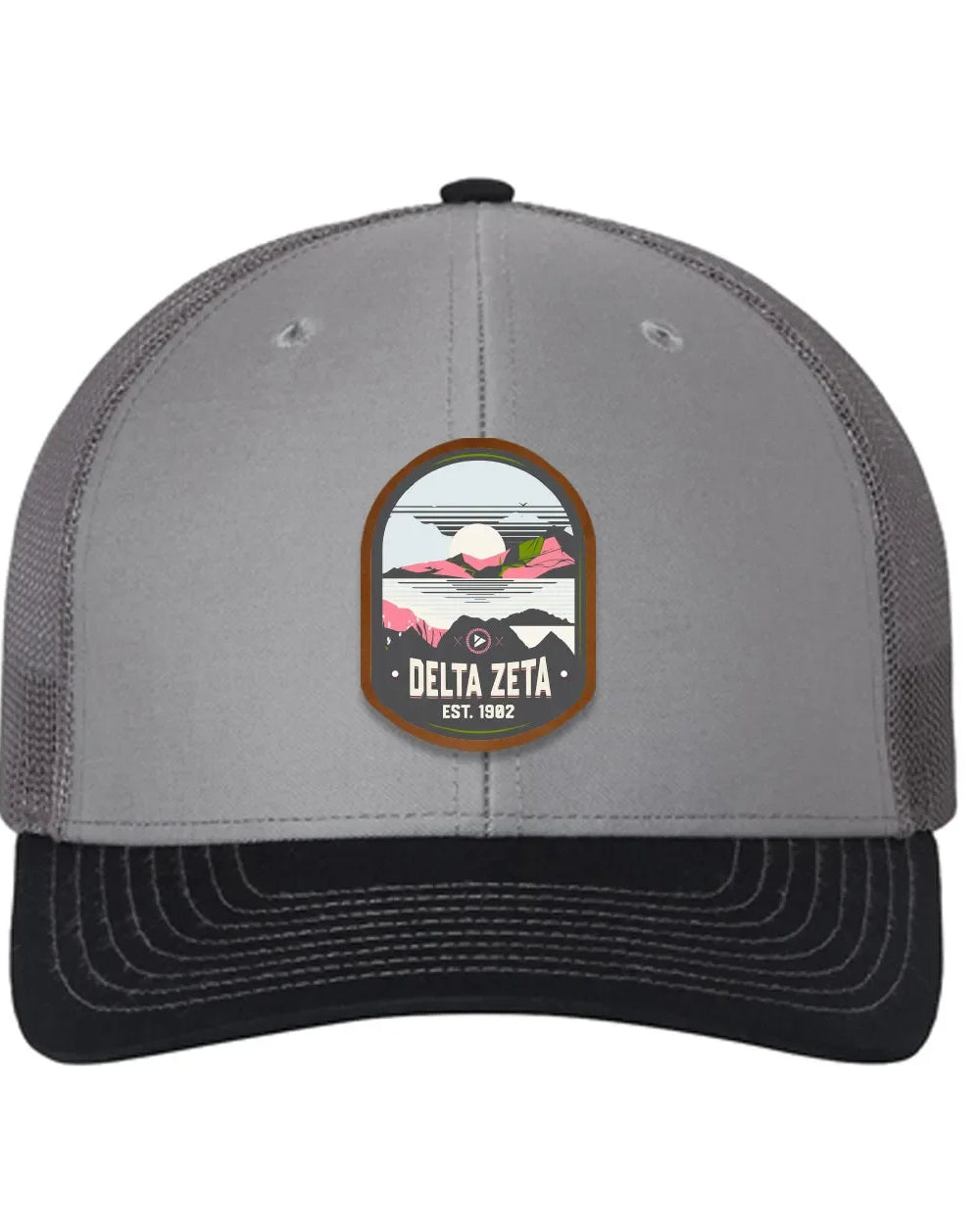 Delta Zeta Richardson 112 UV Print Leatherette Patch Trucker Hat - Ventura Gray Charcoal Navy Trucker Hat