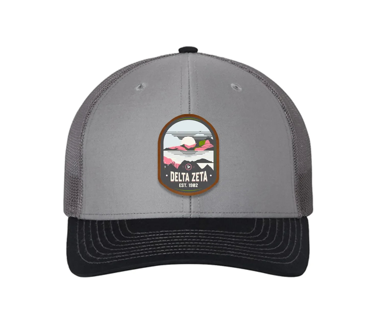 Delta Zeta Richardson 112 UV Print Leatherette Patch Trucker Hat - Ventura Gray Charcoal Navy Trucker Hat