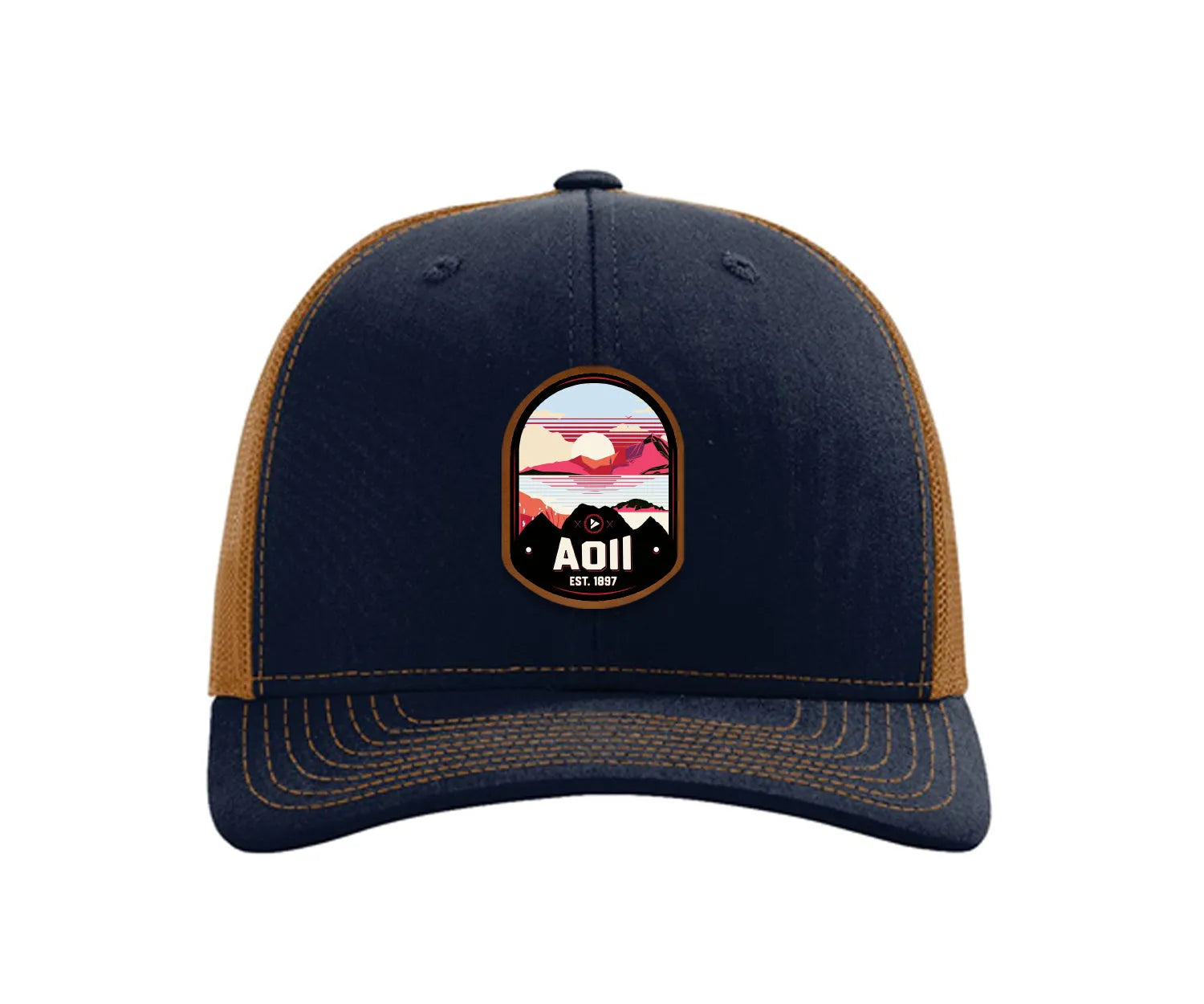 Alpha Omicron Pi Richardson 112 UV Print Leatherette Patch Trucker Hat - Ventura Navy Caramel Trucker Hat