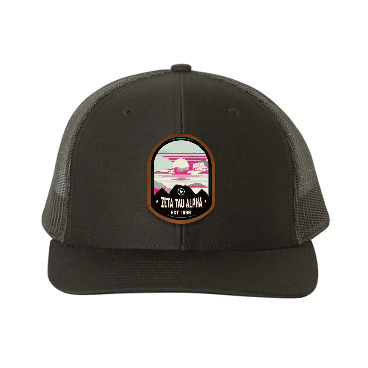 Zeta Tau Alpha Richardson 112 UV Print Leatherette Patch Trucker Hat - Ventura Black Black Trucker Hat
