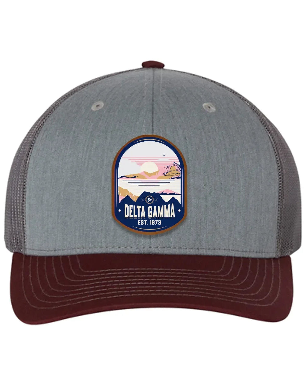 Delta Gamma Richardson 112 UV Print Leatherette Patch Trucker Hat - Ventura Heather Gray Charcoal Maroon Trucker Hat