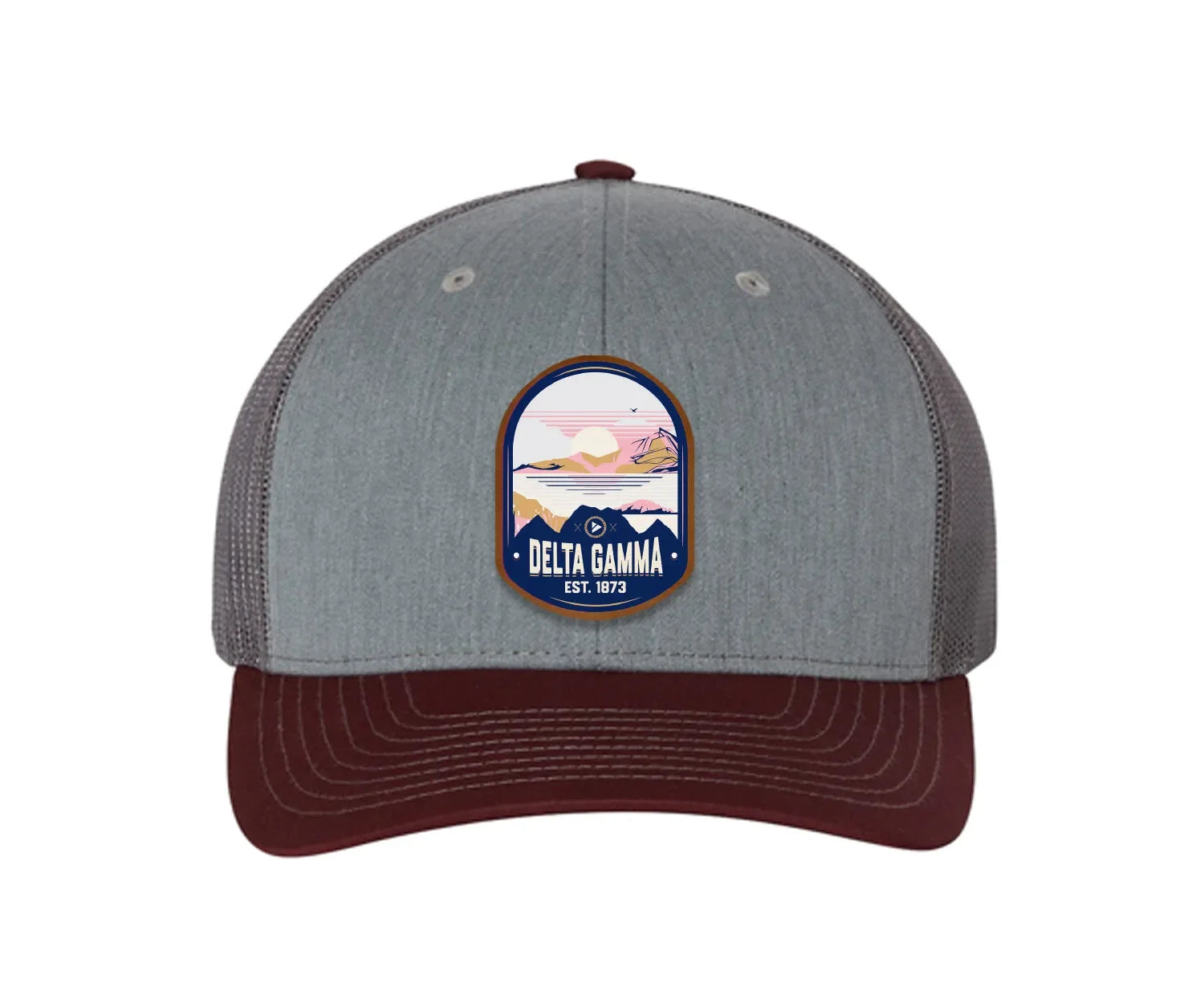 Delta Gamma Richardson 112 UV Print Leatherette Patch Trucker Hat - Ventura Heather Gray Charcoal Maroon Trucker Hat