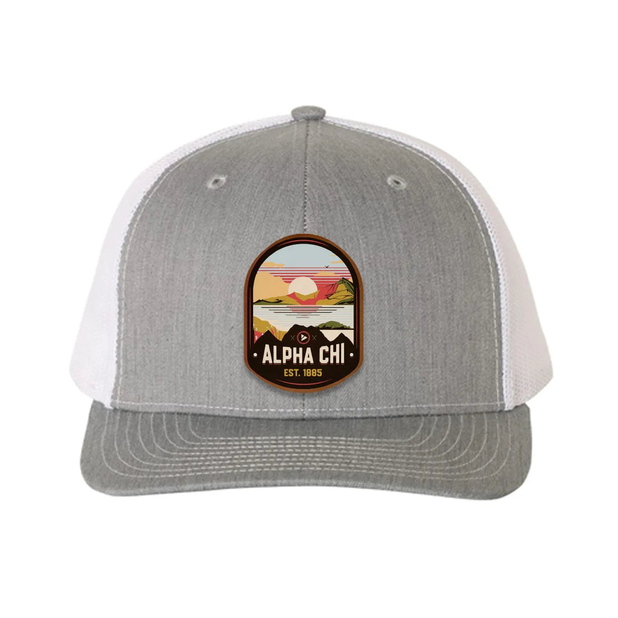 Alpha Chi Omega Richardson 112 UV Print Leatherette Patch Trucker Hat - Ventura Heather Gray White Trucker Hat