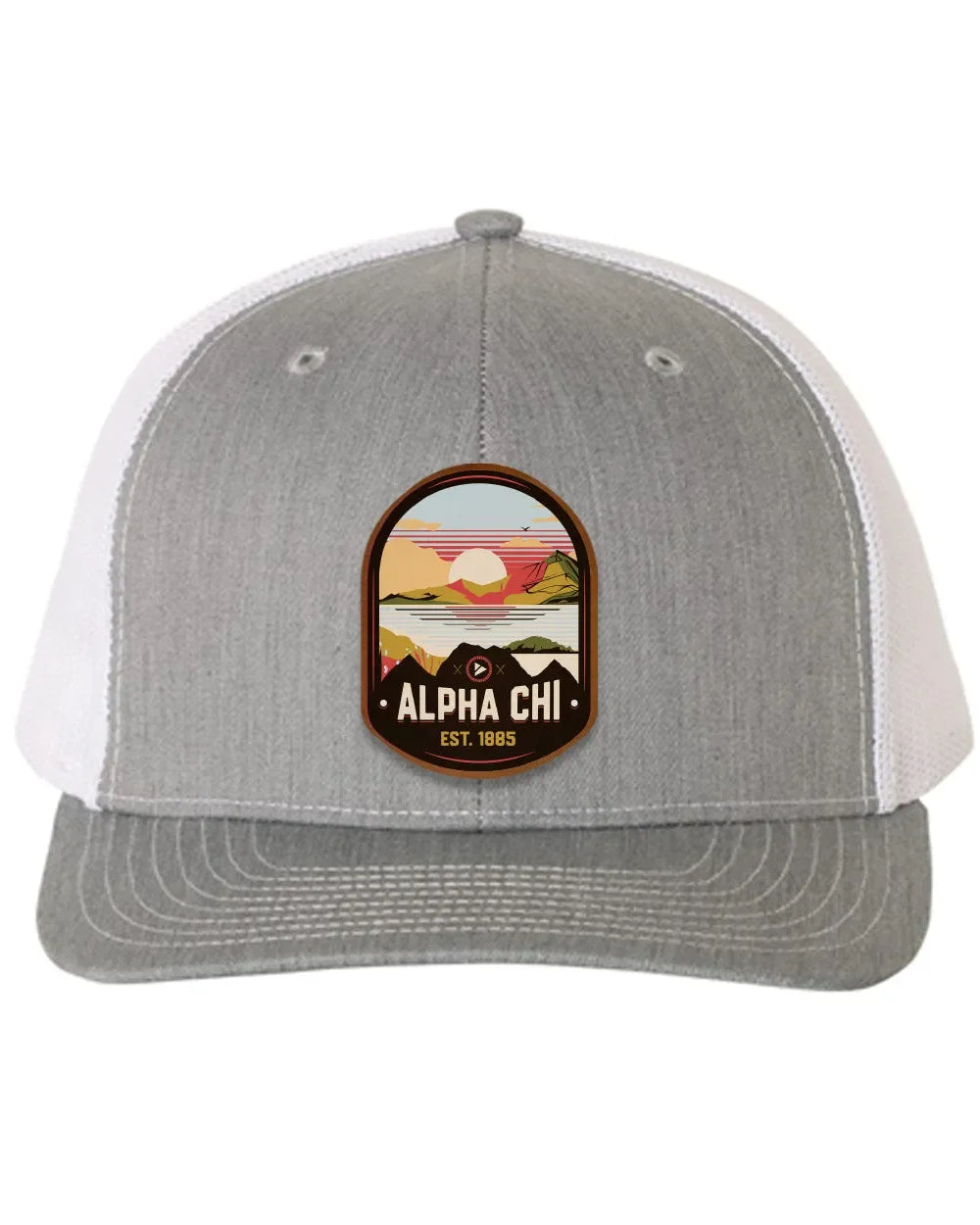 Alpha Chi Omega Richardson 112 UV Print Leatherette Patch Trucker Hat - Ventura Heather Gray White Trucker Hat