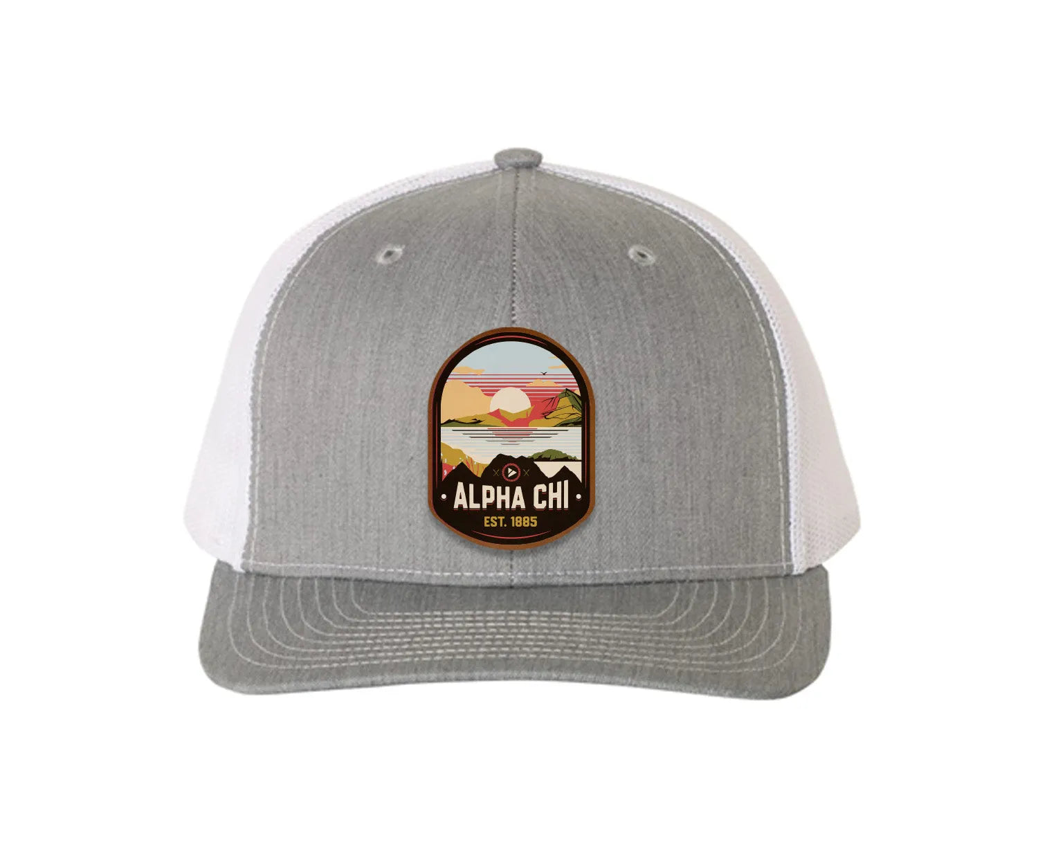 Alpha Chi Omega Richardson 112 UV Print Leatherette Patch Trucker Hat - Ventura Heather Gray White Trucker Hat