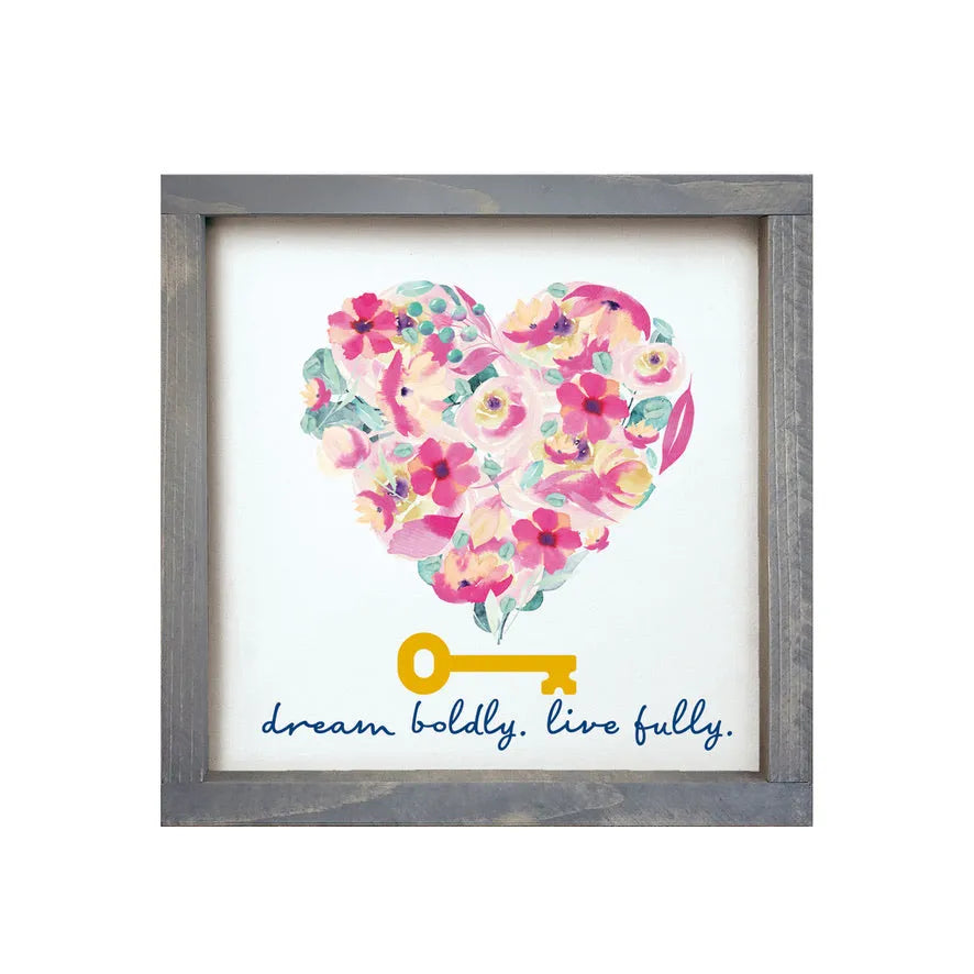 Kappa Kappa Gamma 12x12 Wood Framed Sign - Pink & Aqua Floral Heart Weathered Gray Wall Art & Signs