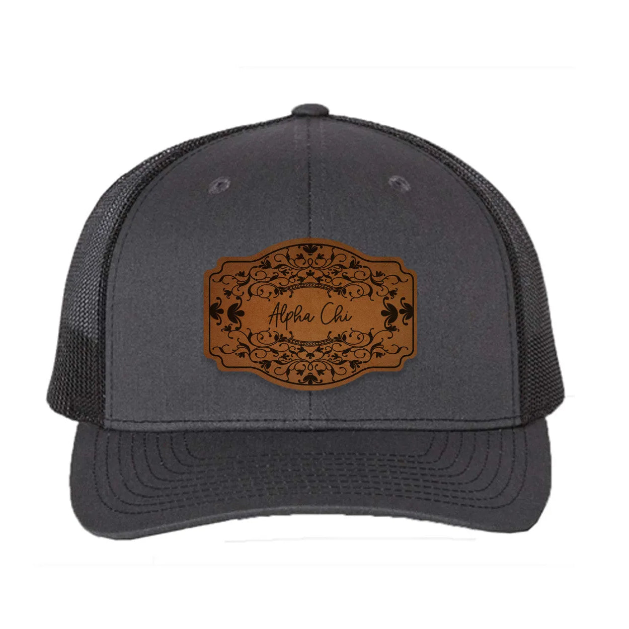 Alpha Chi Omega Richardson 112 Leatherette Patch Trucker Hat - Scroll Charcoal Black Trucker Hat