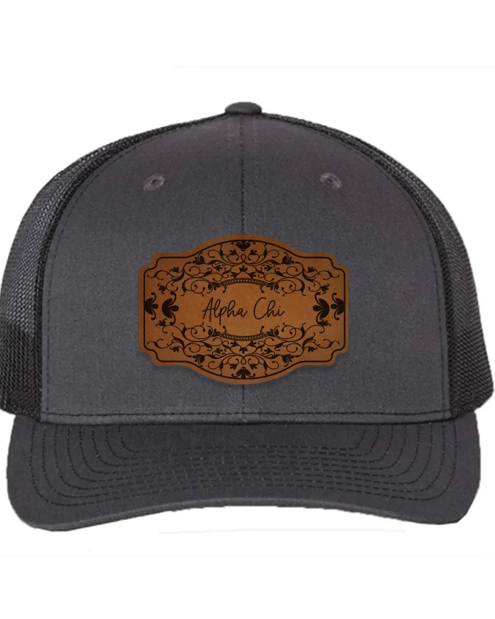 Alpha Chi Omega Richardson 112 Leatherette Patch Trucker Hat - Scroll Charcoal Black Trucker Hat