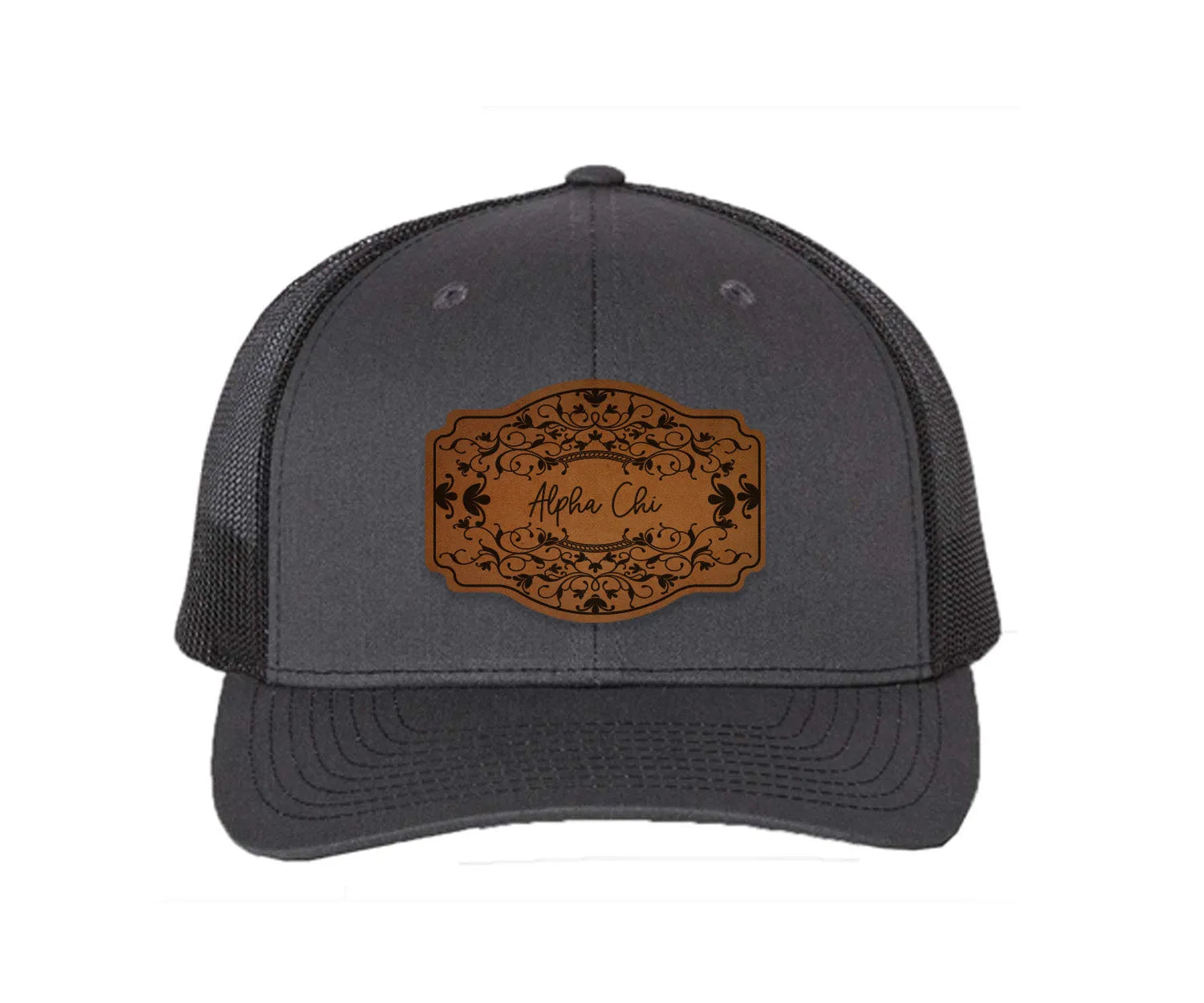Alpha Chi Omega Richardson 112 Leatherette Patch Trucker Hat - Scroll Charcoal Black Trucker Hat