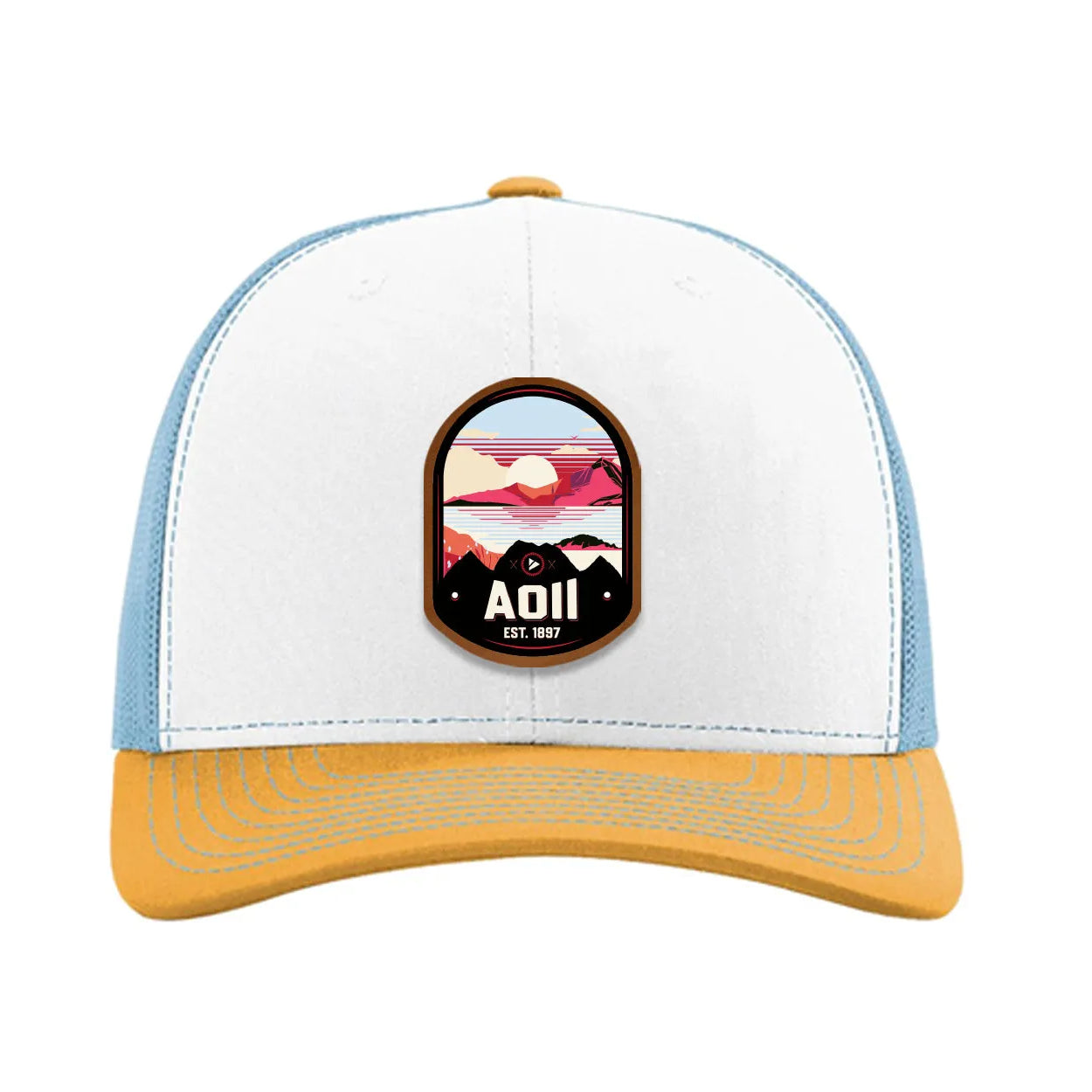 Alpha Omicron Pi Richardson 112 UV Print Leatherette Patch Trucker Hat - Ventura White Blue Yellow Trucker Hat
