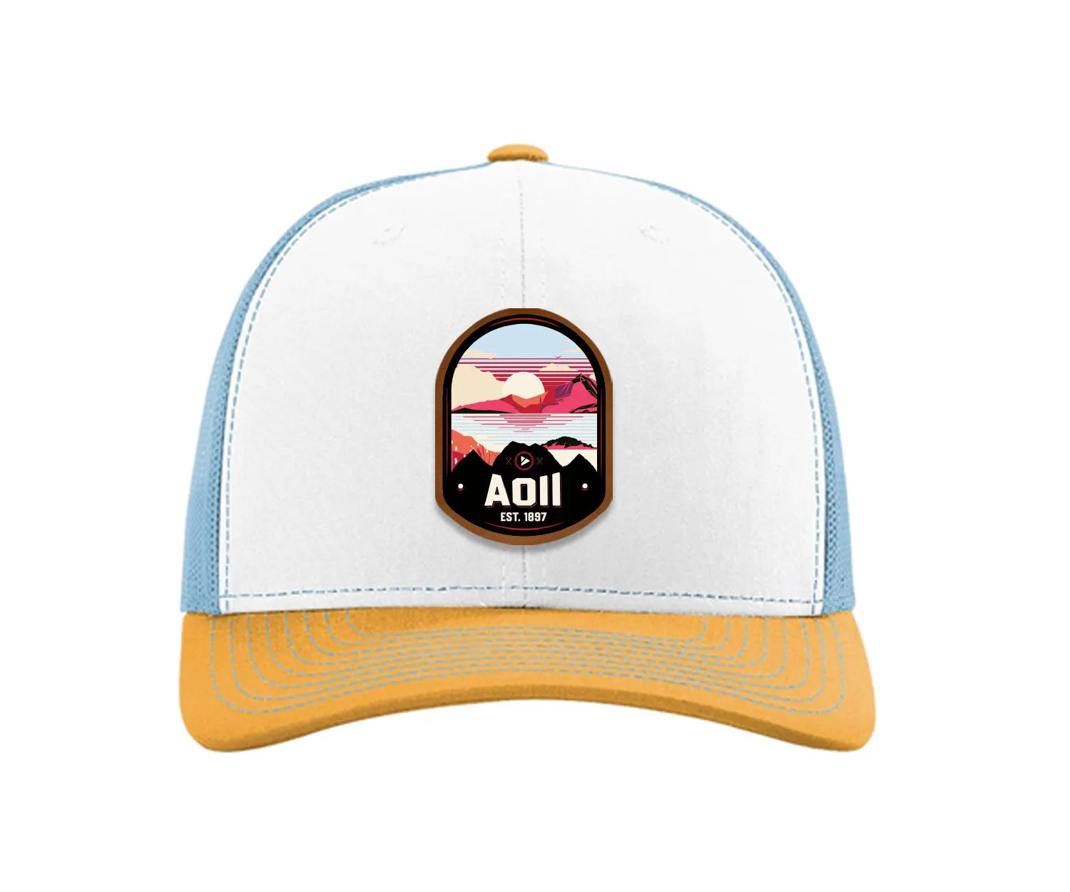 Alpha Omicron Pi Richardson 112 UV Print Leatherette Patch Trucker Hat - Ventura White Blue Yellow Trucker Hat