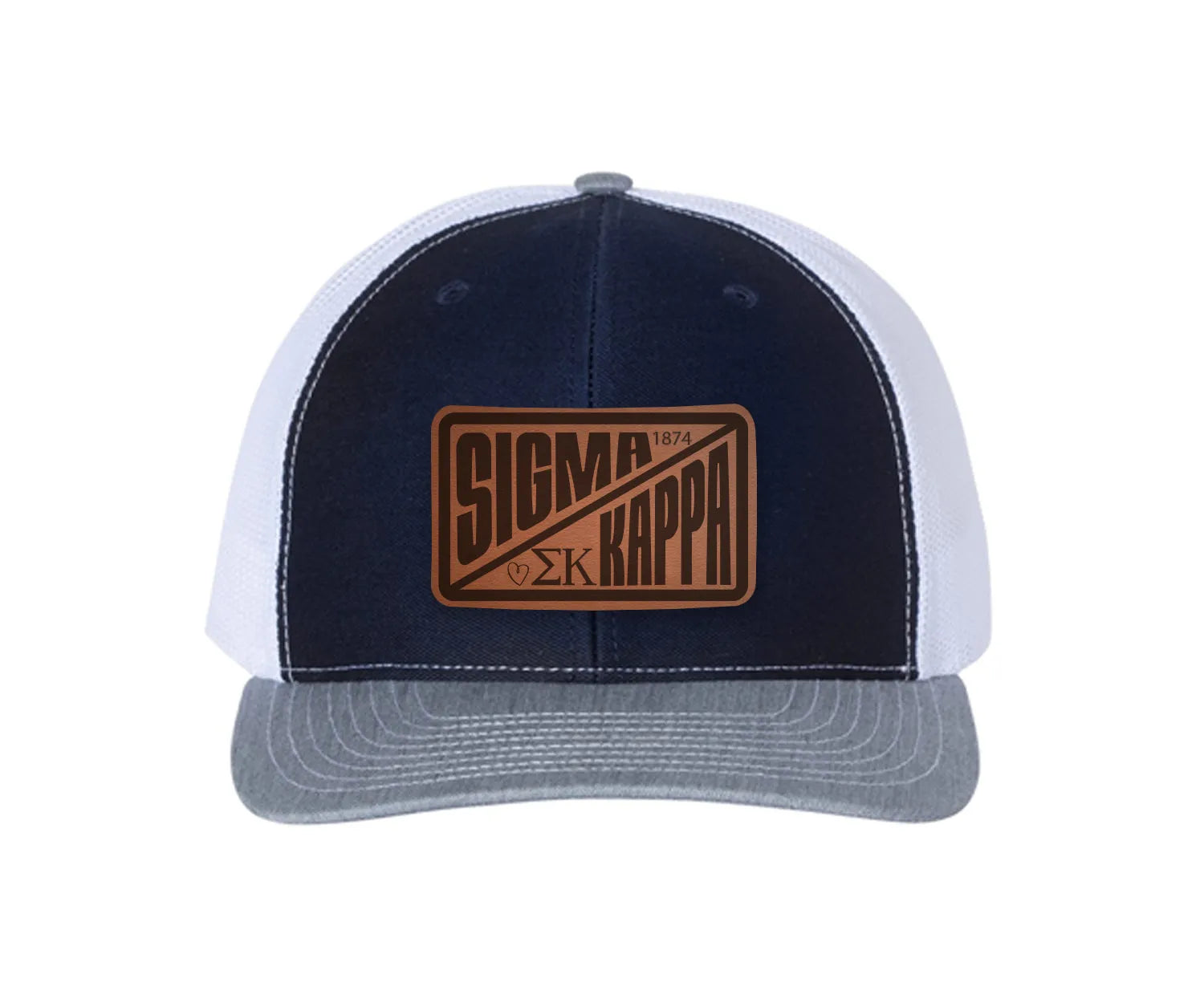 Sigma Kappa Richardson 112 Leatherette Patch Trucker Hat - Divide Navy White Heather Gray Trucker Hat