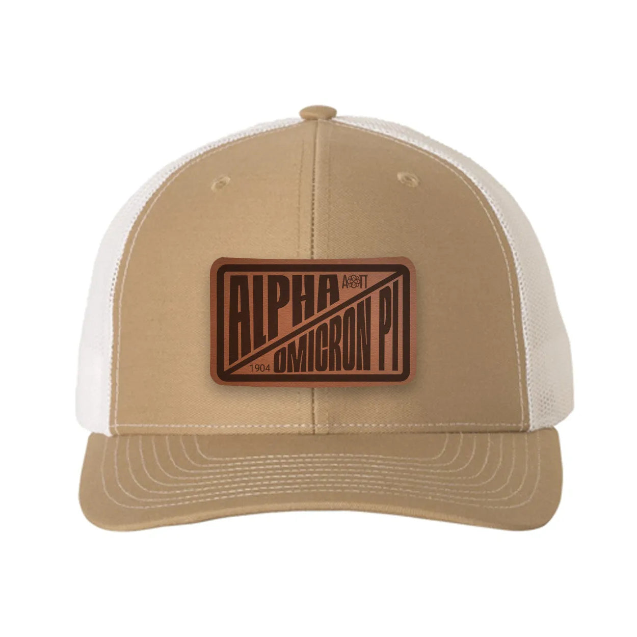 Alpha Omicron Pi Richardson 112 Leatherette Patch Trucker Hat - Divide Khaki White Trucker Hat