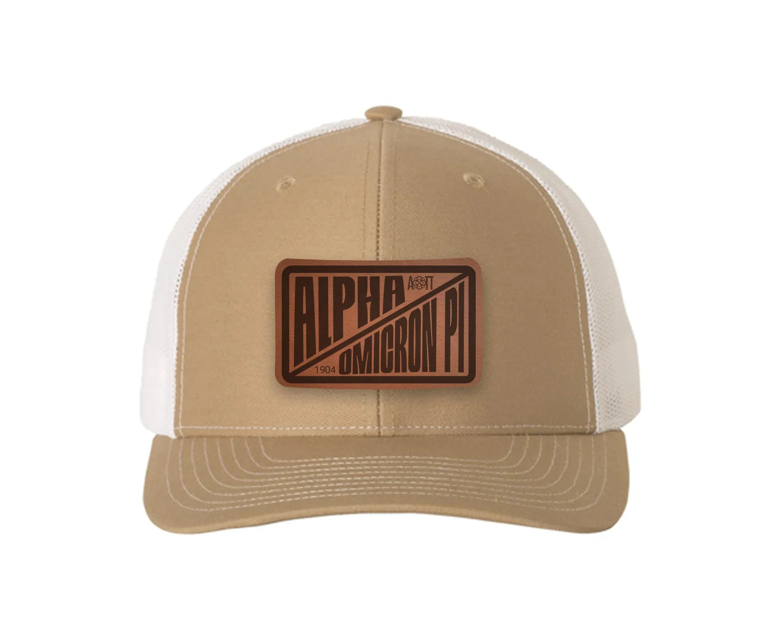 Alpha Omicron Pi Richardson 112 Leatherette Patch Trucker Hat - Divide Khaki White Trucker Hat