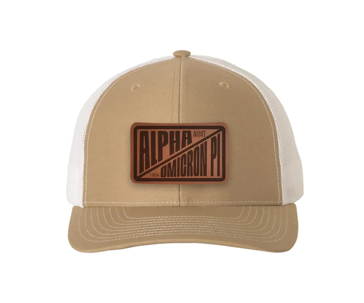 Alpha Omicron Pi Richardson 112 Leatherette Patch Trucker Hat - Divide Khaki White Trucker Hat