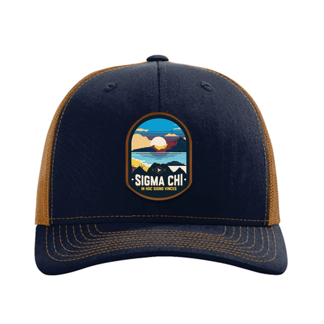 Sigma Chi Richardson 112 UV Print Leatherette Patch Trucker Hat - Ventura Navy Caramel Trucker Hat