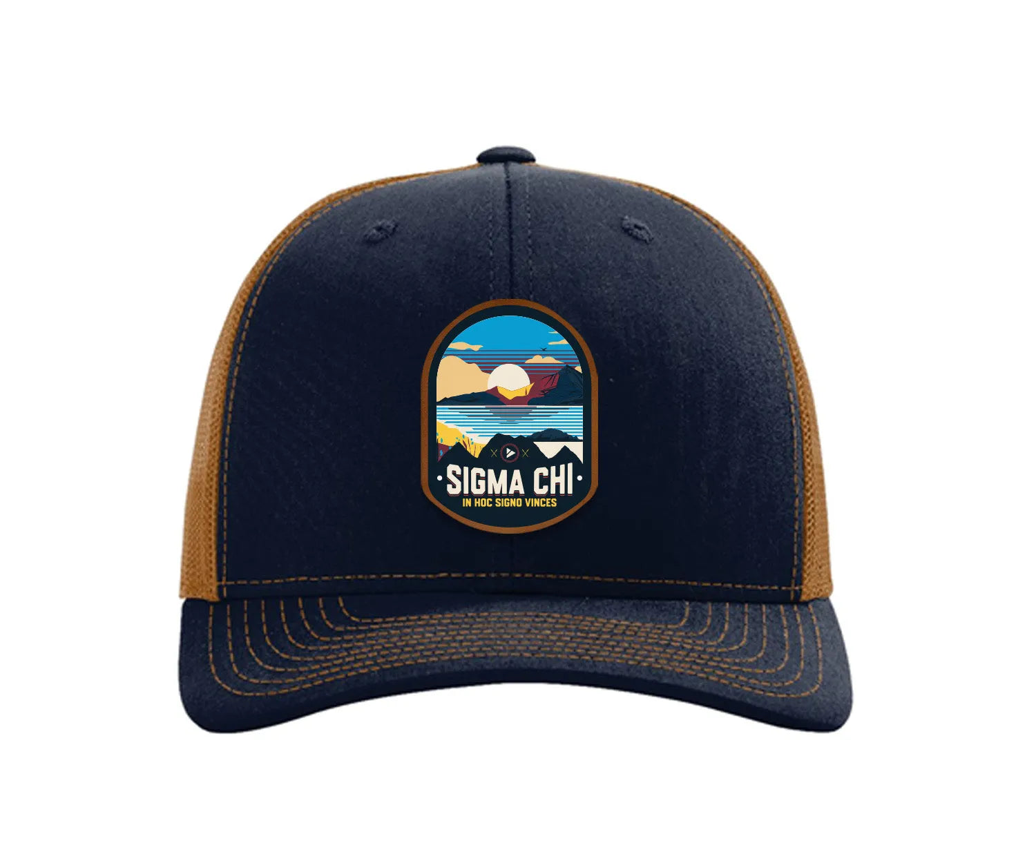 Sigma Chi Richardson 112 UV Print Leatherette Patch Trucker Hat - Ventura Navy Caramel Trucker Hat