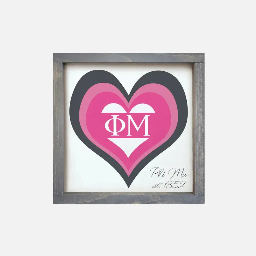Phi Mu 12x12 Heart Wood Framed Sign Weathered Gray Wall Art & Signs