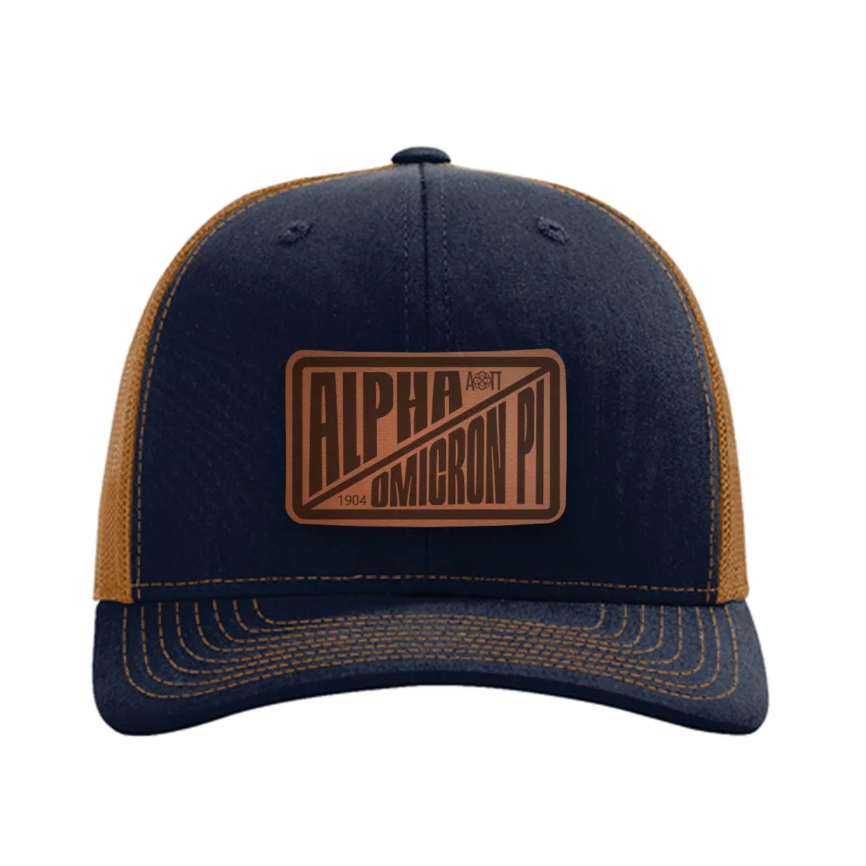 Alpha Omicron Pi Richardson 112 Leatherette Patch Trucker Hat - Divide Navy Caramel Trucker Hat