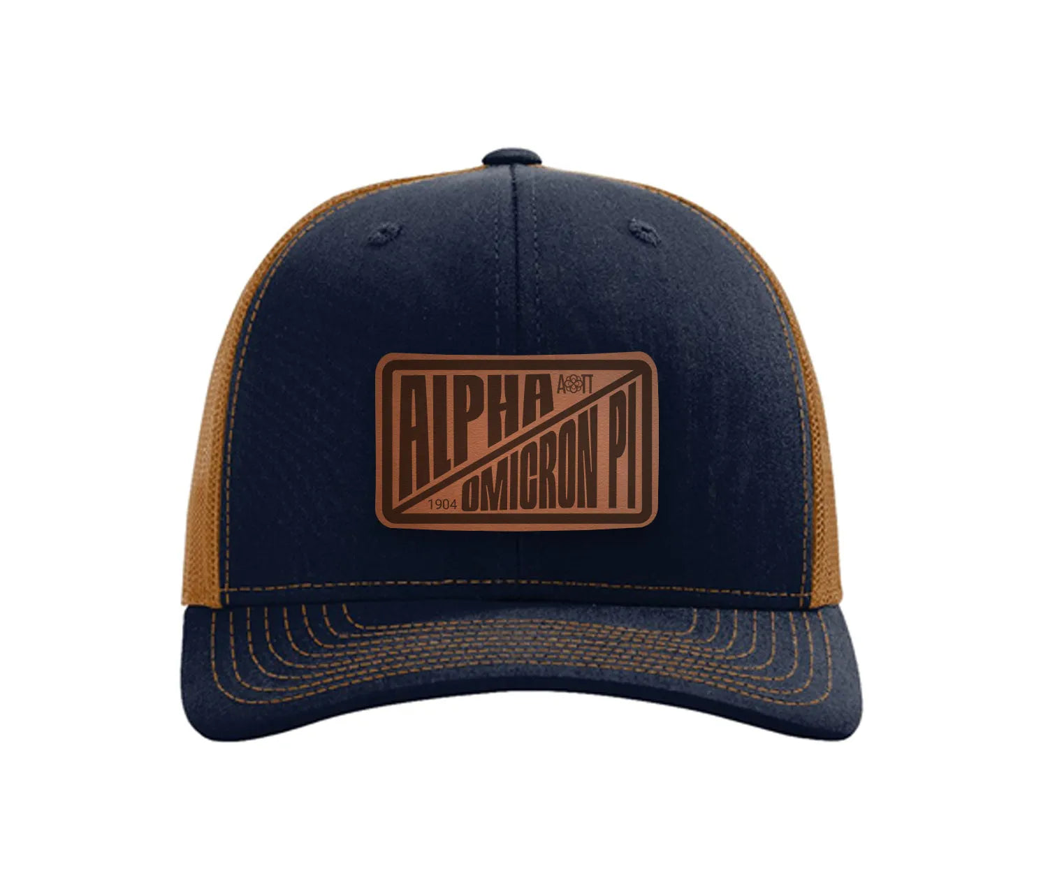 Alpha Omicron Pi Richardson 112 Leatherette Patch Trucker Hat - Divide Navy Caramel Trucker Hat