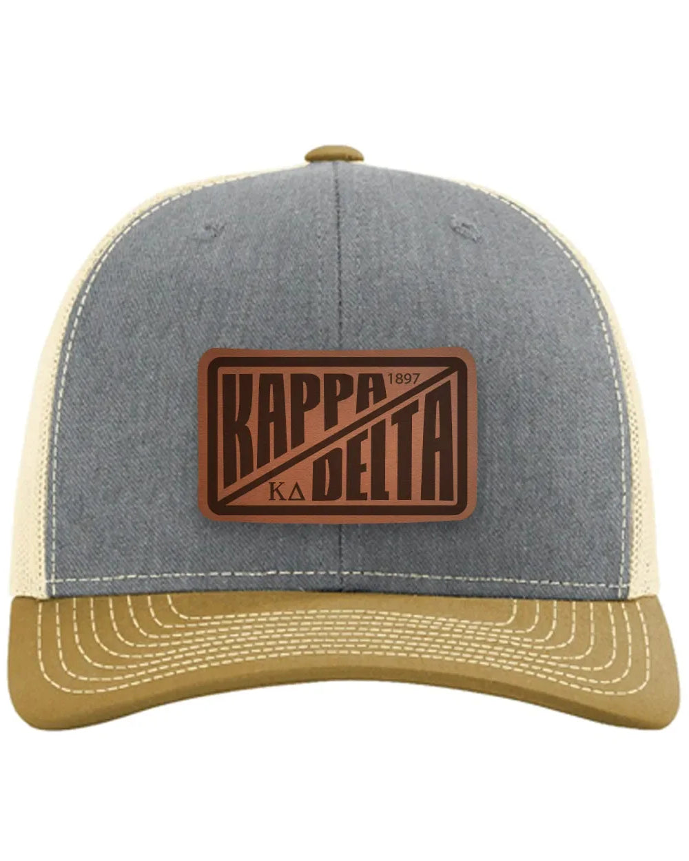 Kappa Delta Richardson 112 Leatherette Patch Trucker Hat - Divide Heather Gray Birch Amber Gold Trucker Hat
