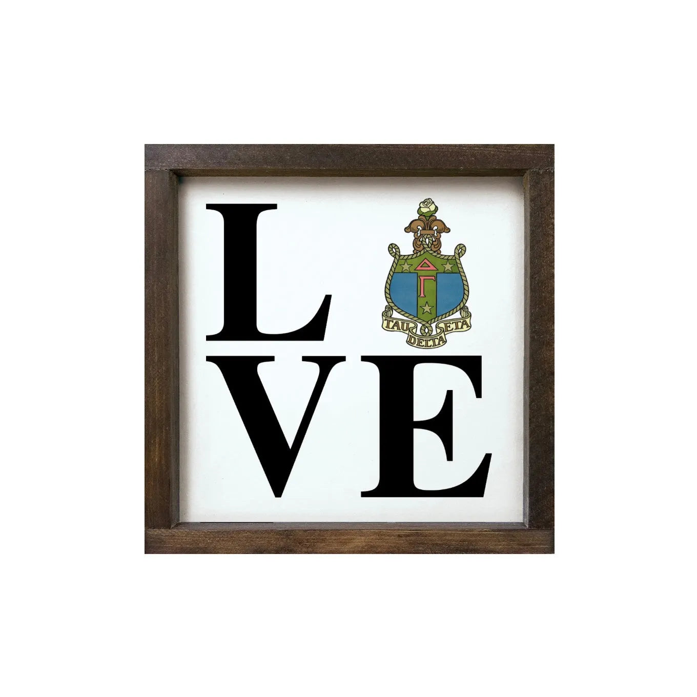 Delta Gamma 12x12 Wood Framed Sign - "LOVE" Crest Walnut Stain Wall Art & Signs