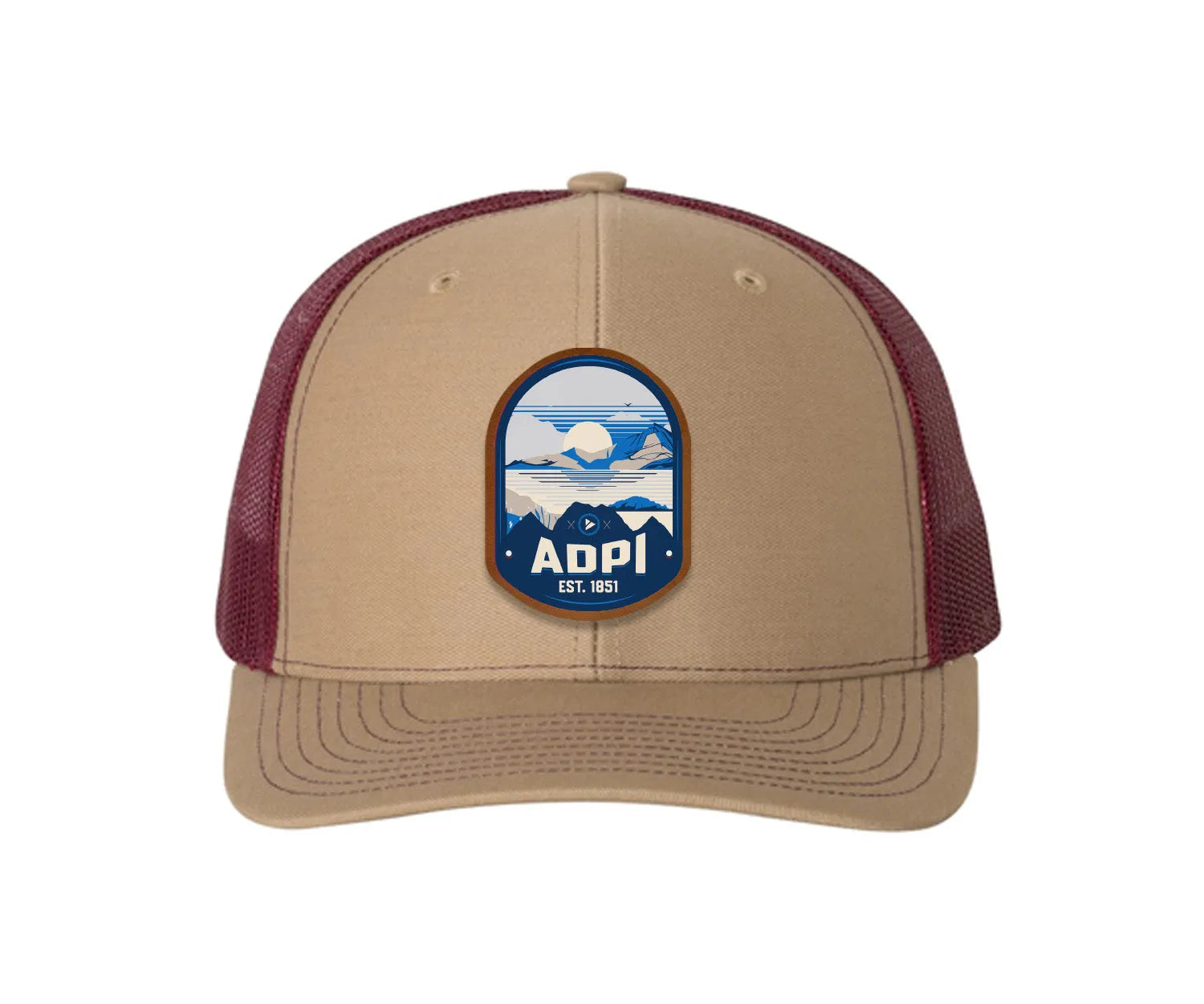 Alpha Delta Pi Richardson 112 UV Print Leatherette Patch Trucker Hat - Ventura Khaki Burgundy Trucker Hat
