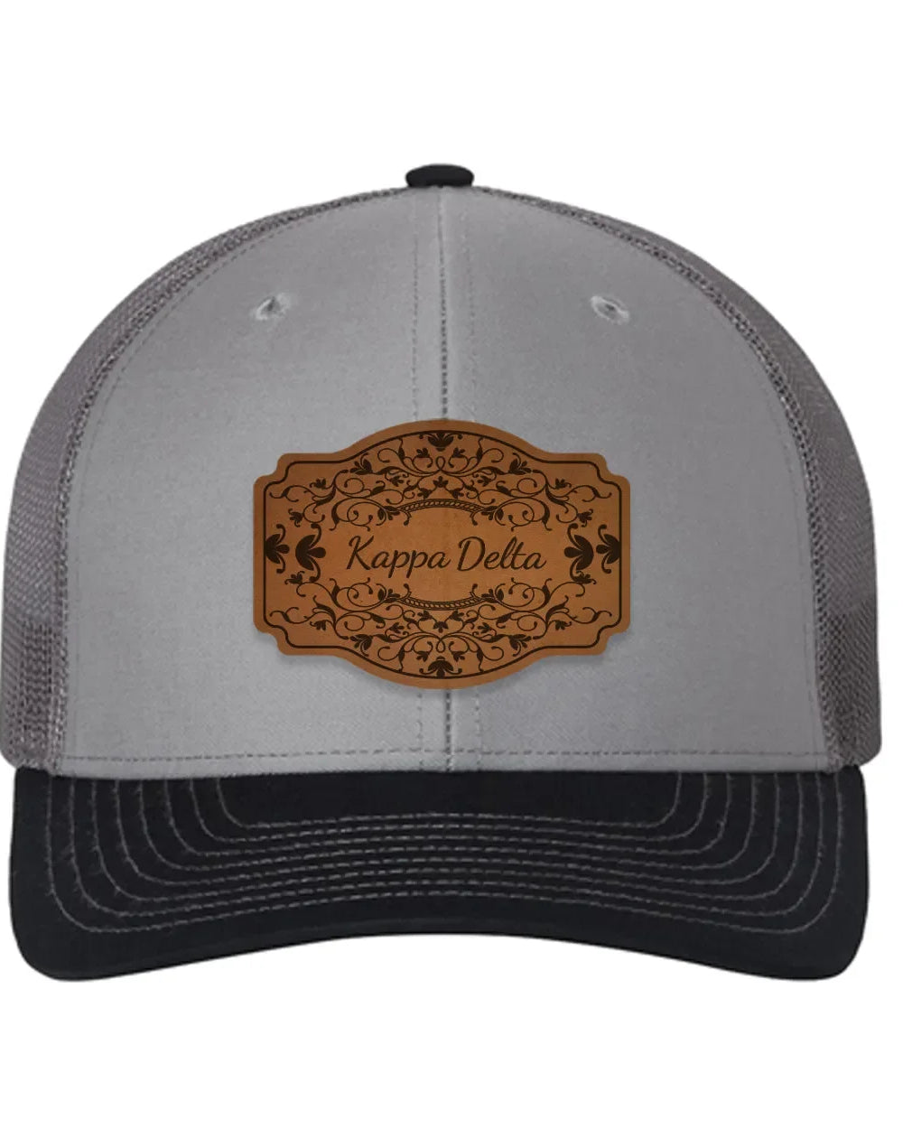 Kappa Delta Richardson 112 Leatherette Patch Trucker Hat - Scroll Gray Charcoal Navy Trucker Hat