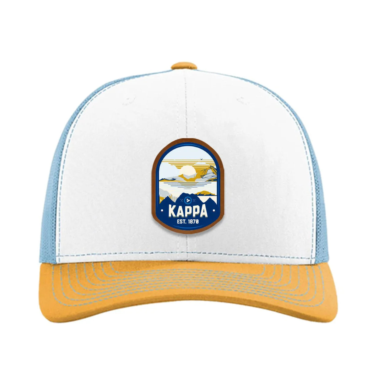 Kappa Kappa Gamma Richardson 112 UV Print Leatherette Patch Trucker Hat - Ventura White Blue Yellow Trucker Hat
