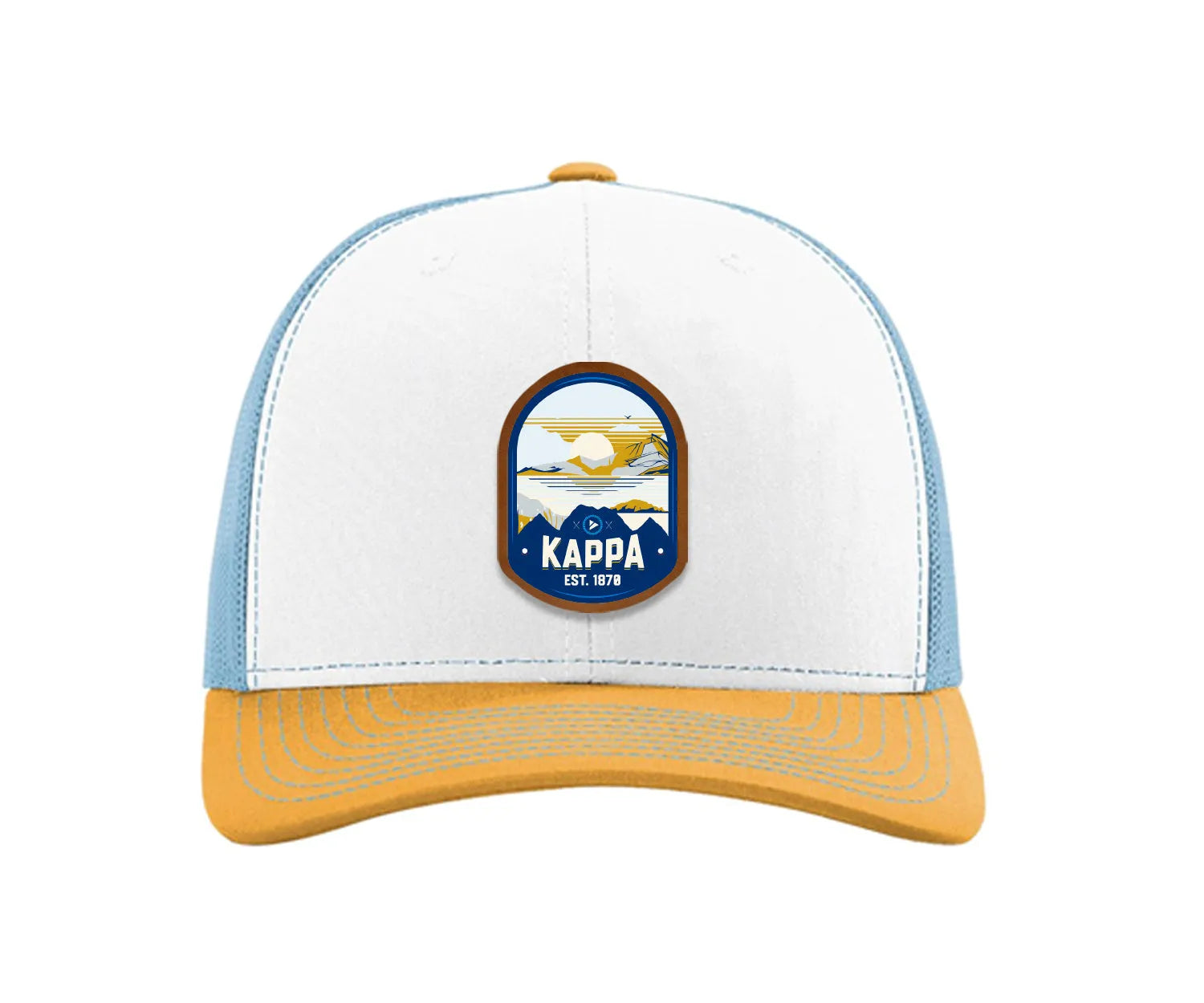 Kappa Kappa Gamma Richardson 112 UV Print Leatherette Patch Trucker Hat - Ventura White Blue Yellow Trucker Hat