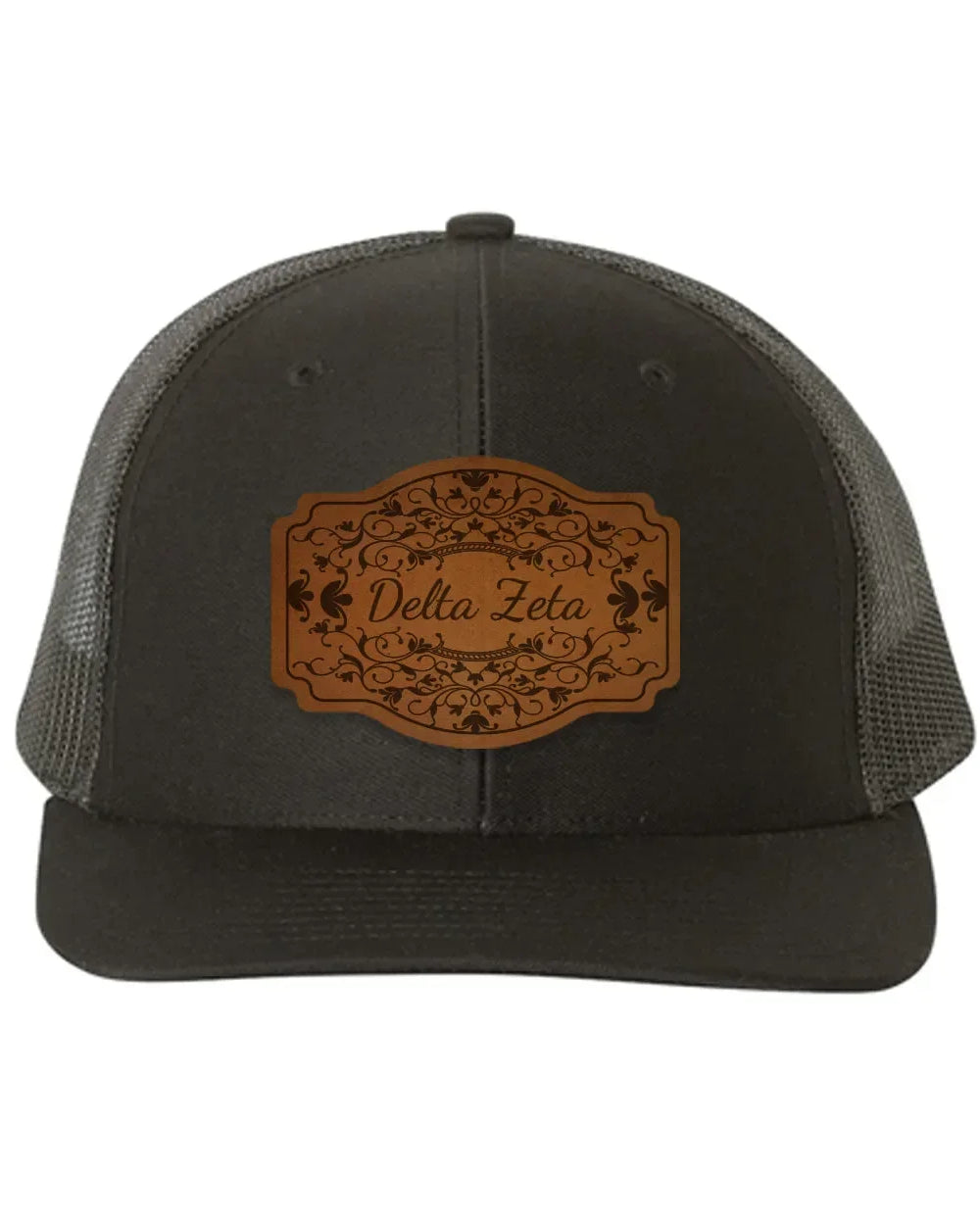 Delta Zeta Richardson 112 Leatherette Patch Trucker Hat - Scroll Black Black Trucker Hat