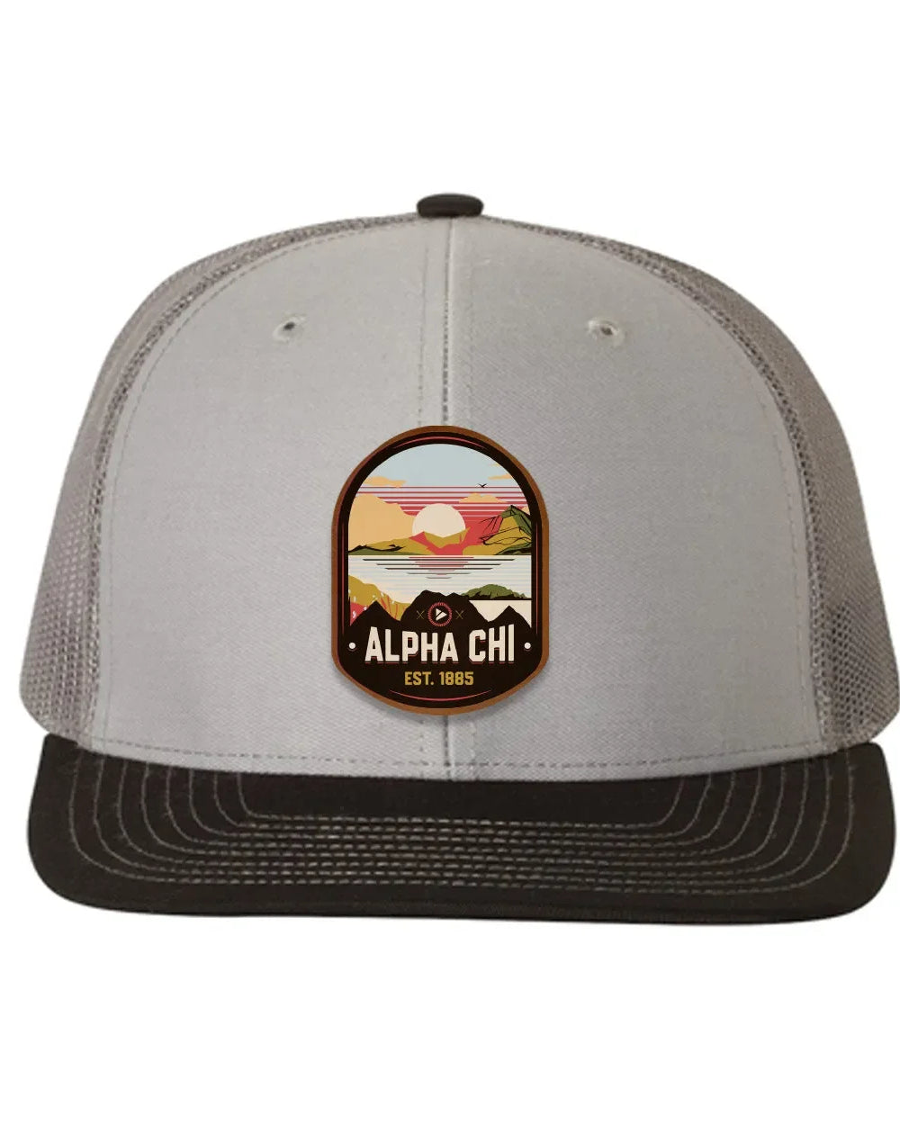 Alpha Chi Omega Richardson 112 UV Print Leatherette Patch Trucker Hat - Ventura Gray Charcoal Black Trucker Hat